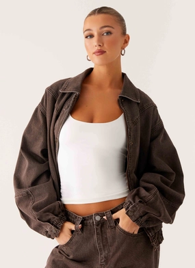 Ripstop Fabric Technology Midwest Washed Denim Bomber Jacket - Light Wash Chocolate