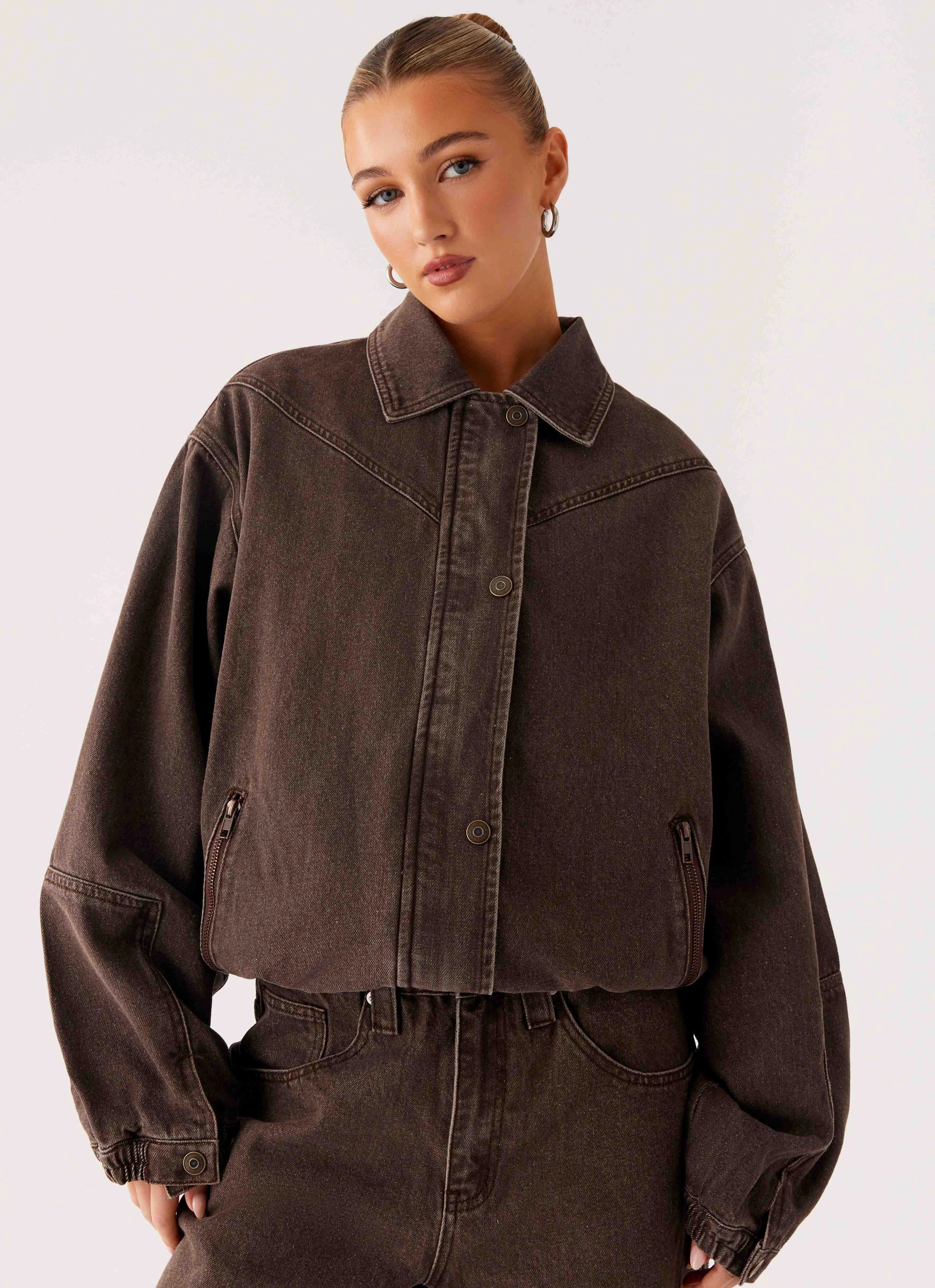 Midwest Washed Denim Bomber Jacket - Light Wash Chocolate Temperature Balancing Layer