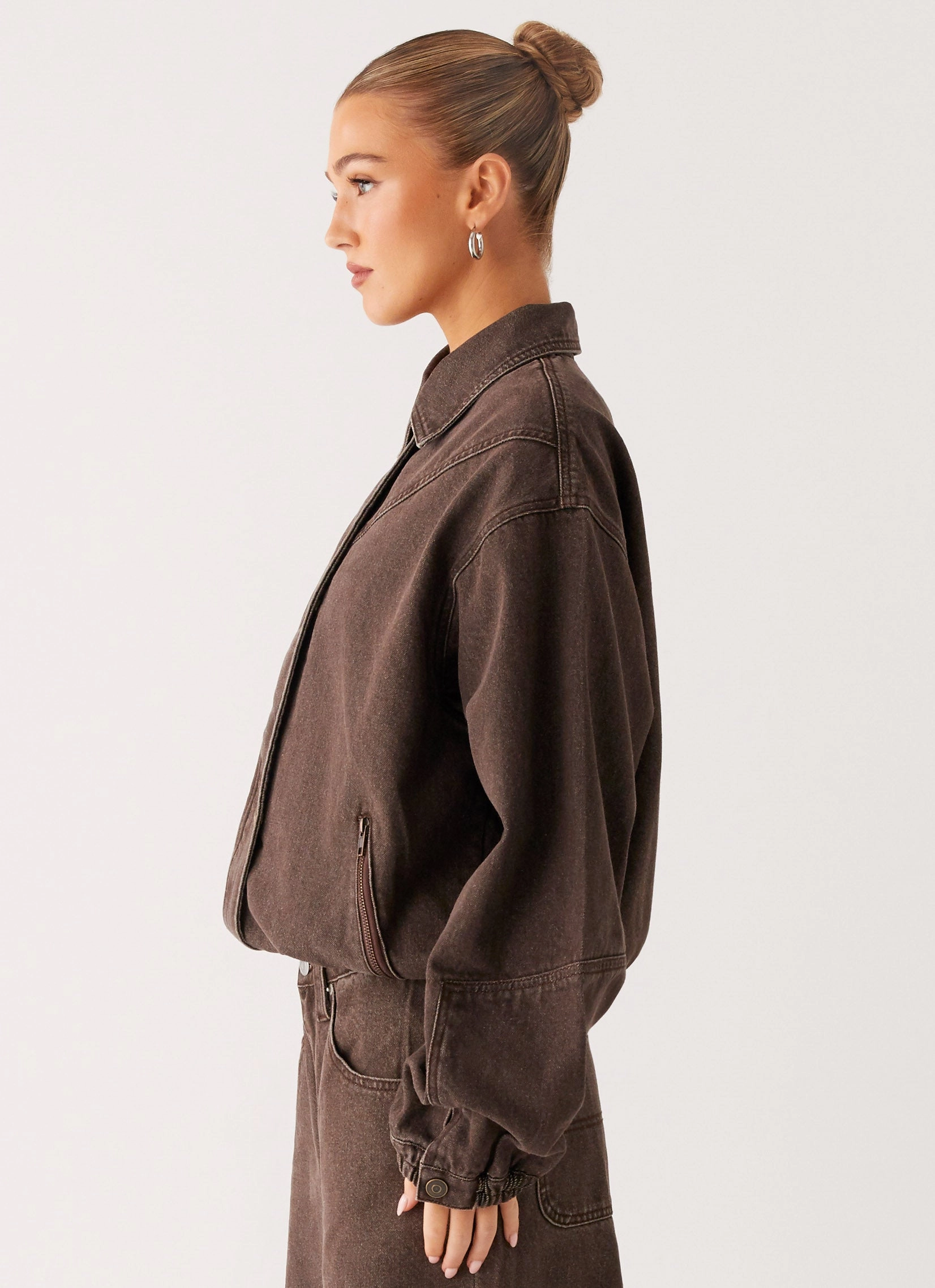 Midwest Washed Denim Bomber Jacket - Light Wash Chocolate Drop Tail Hem Rain Guard