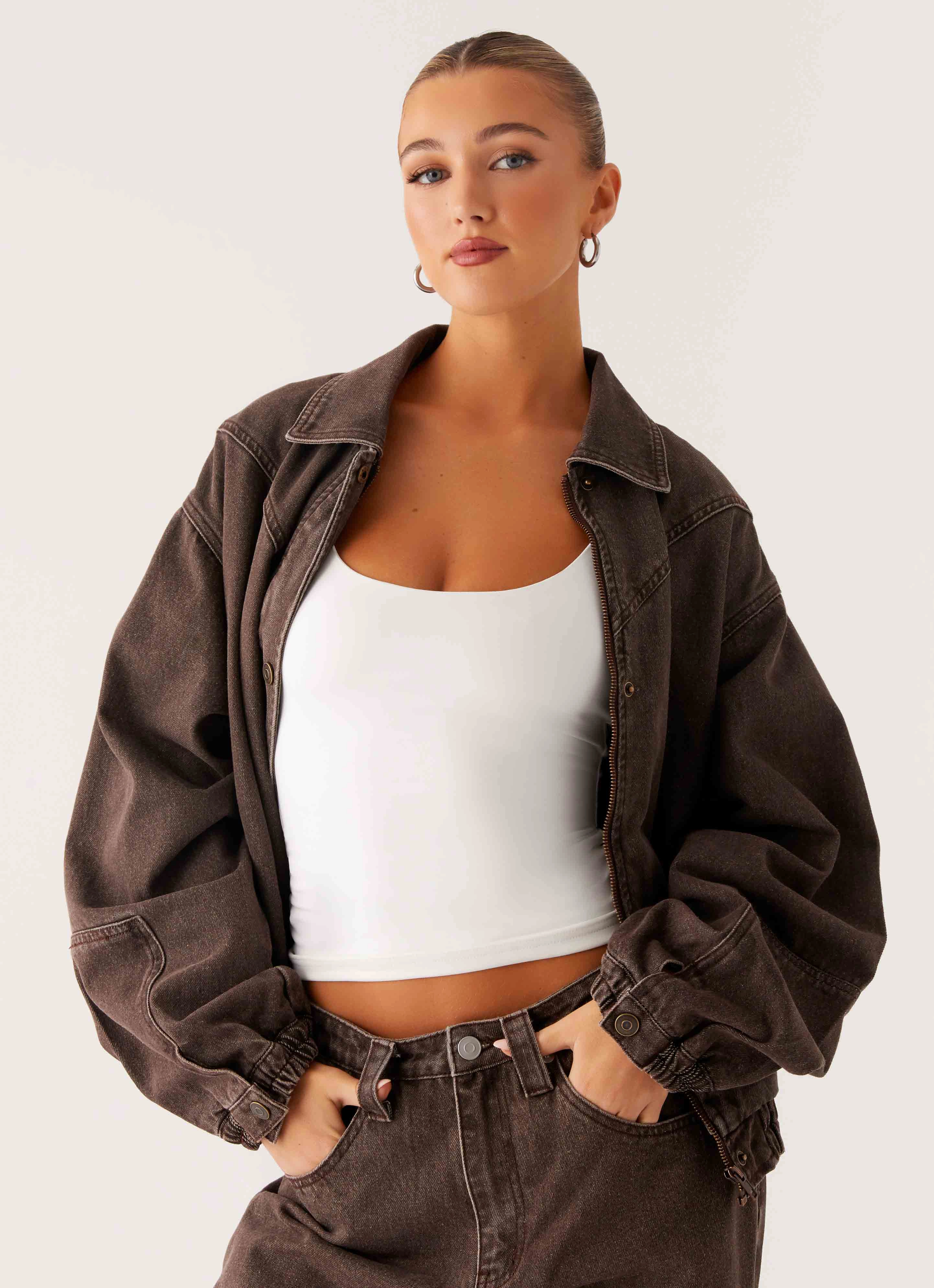 Ripstop Fabric Technology Midwest Washed Denim Bomber Jacket - Light Wash Chocolate