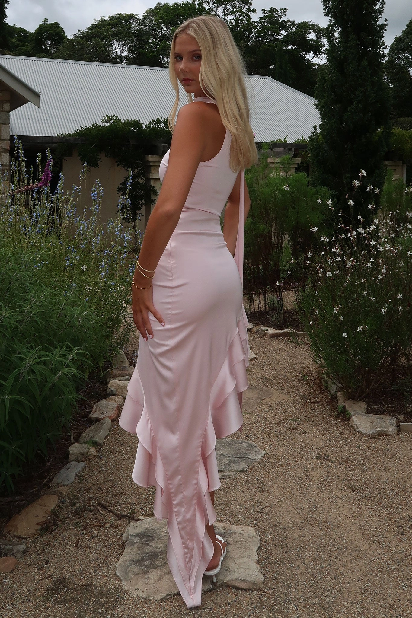 Breathable Comfort Wear Lounge Mode Kara One Shoulder Satin Maxi Dress - Pink