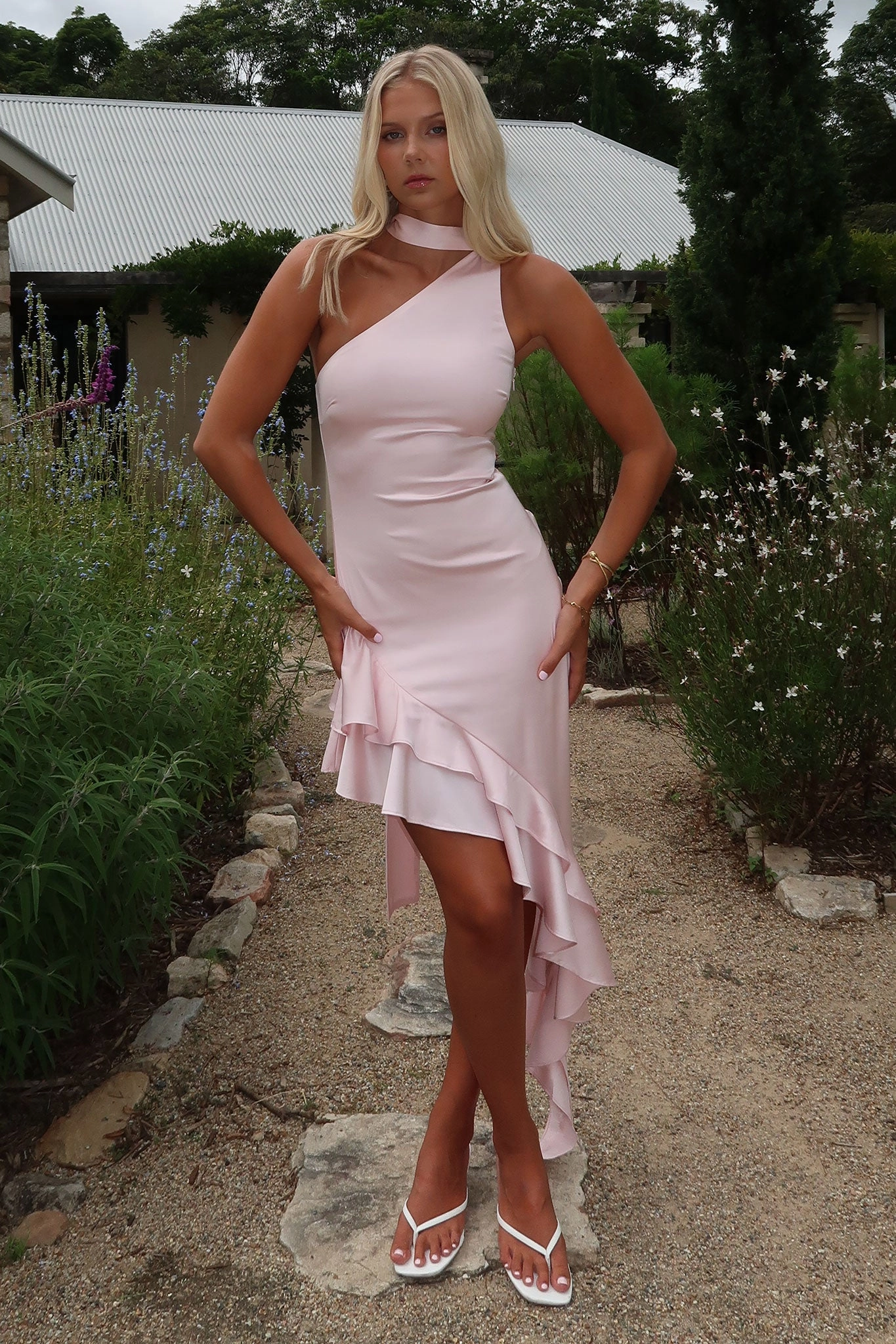 Kara One Shoulder Satin Maxi Dress - Pink Clean Outline