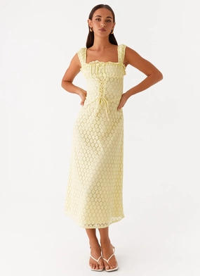 Keziah Tie Front Midi Dress - Lemon Flattering Waistband