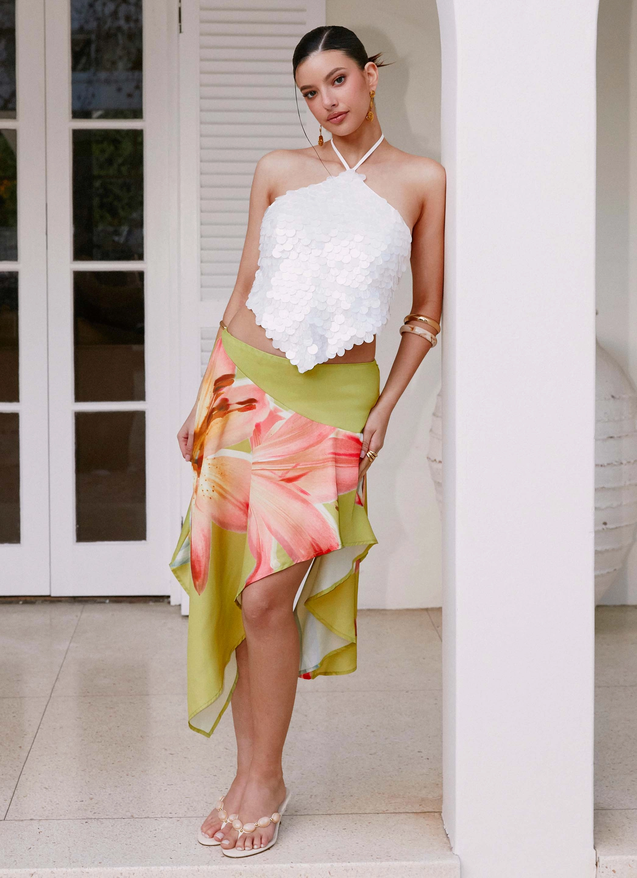 Kia Low Rise Asymmetrical Midi Skirt - Jungle Floral Elastic hemline Resale Value