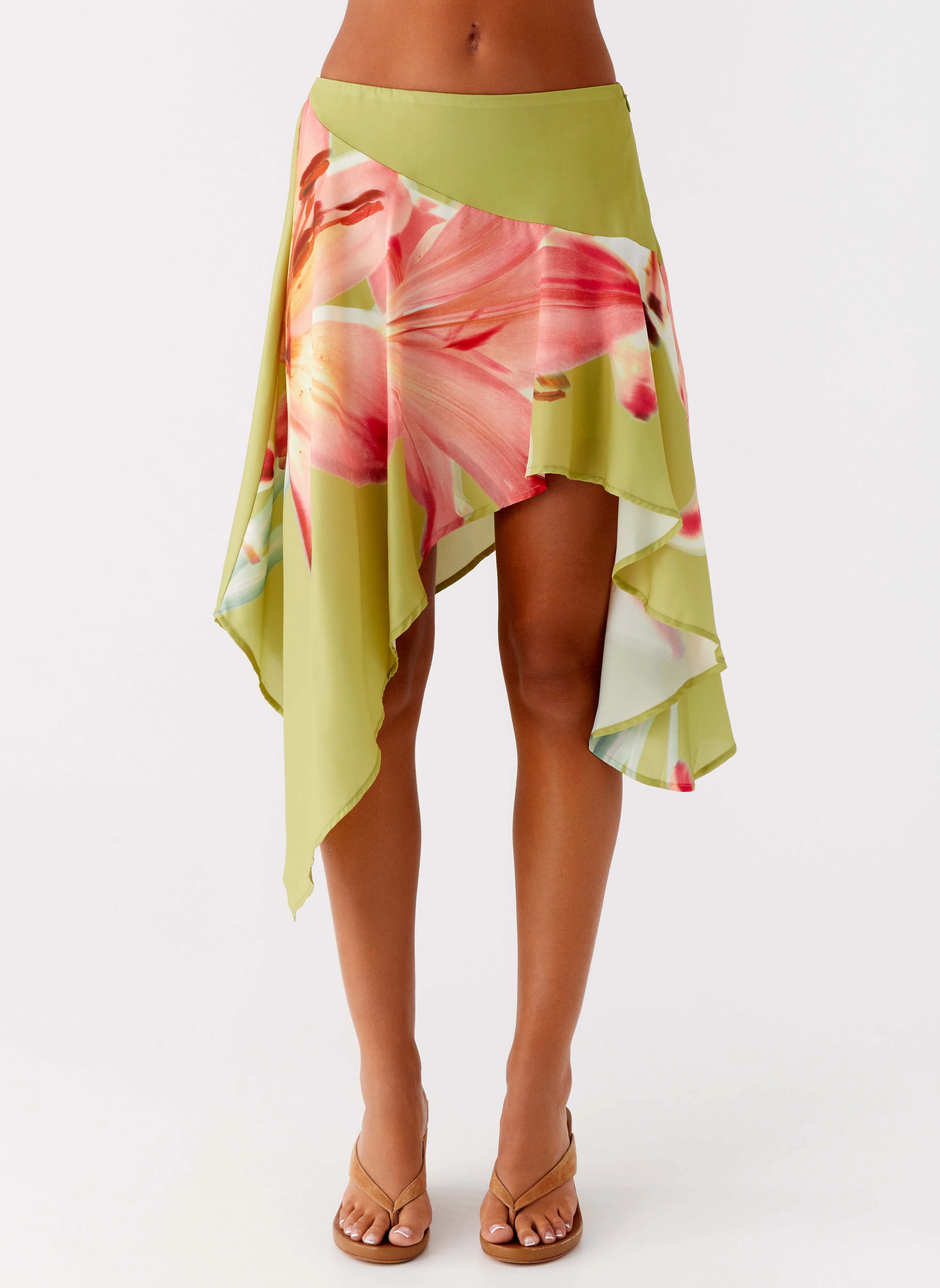 Elasticized Cuff Mini length Kia Low Rise Asymmetrical Midi Skirt - Jungle Floral