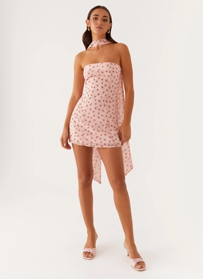 Kiesha Strapless Scarf Mini Dress - Pink Flower Feminine Look Comfortable Waist Design