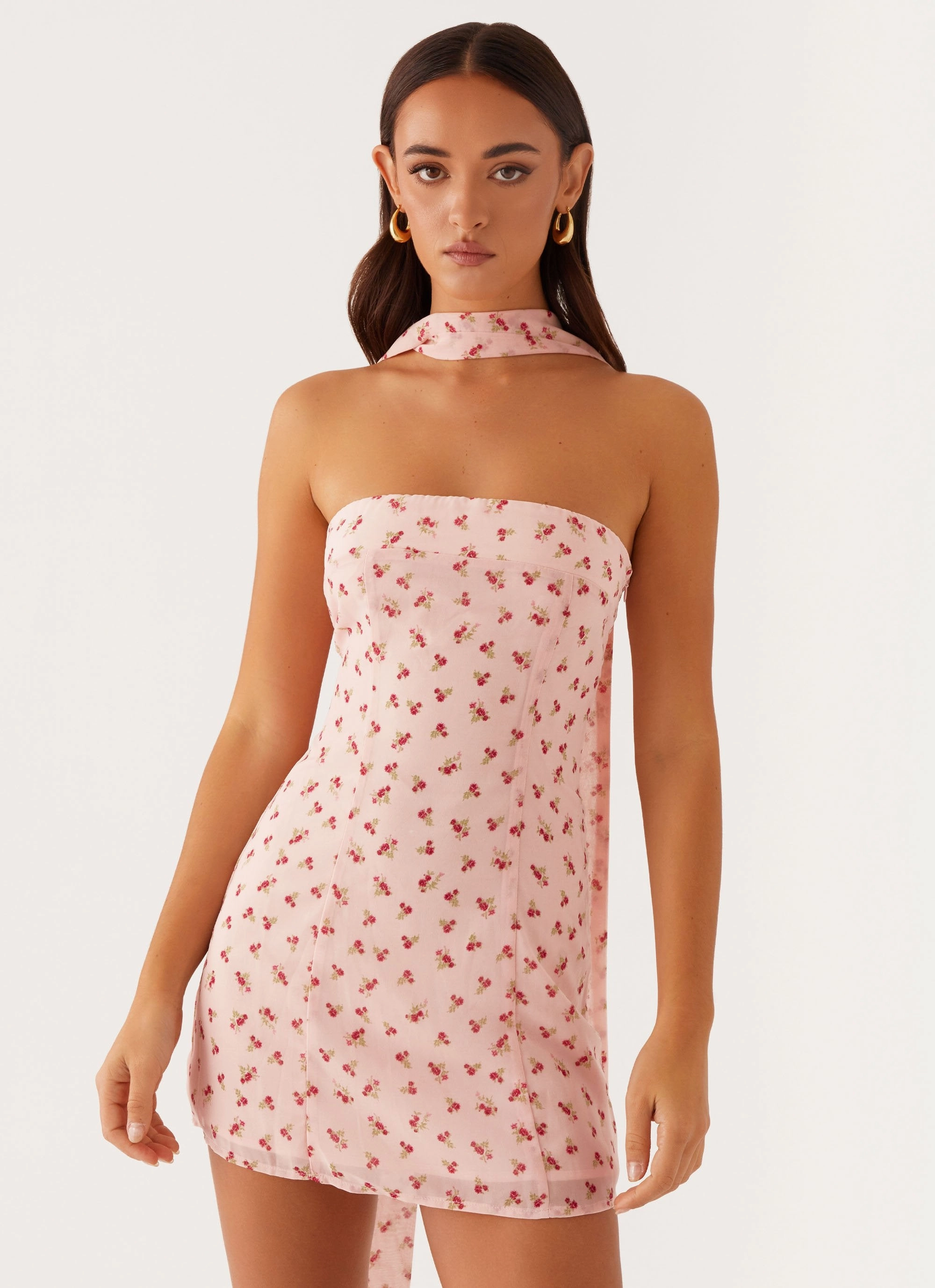 Kiesha Strapless Scarf Mini Dress - Pink Flower All Daywear