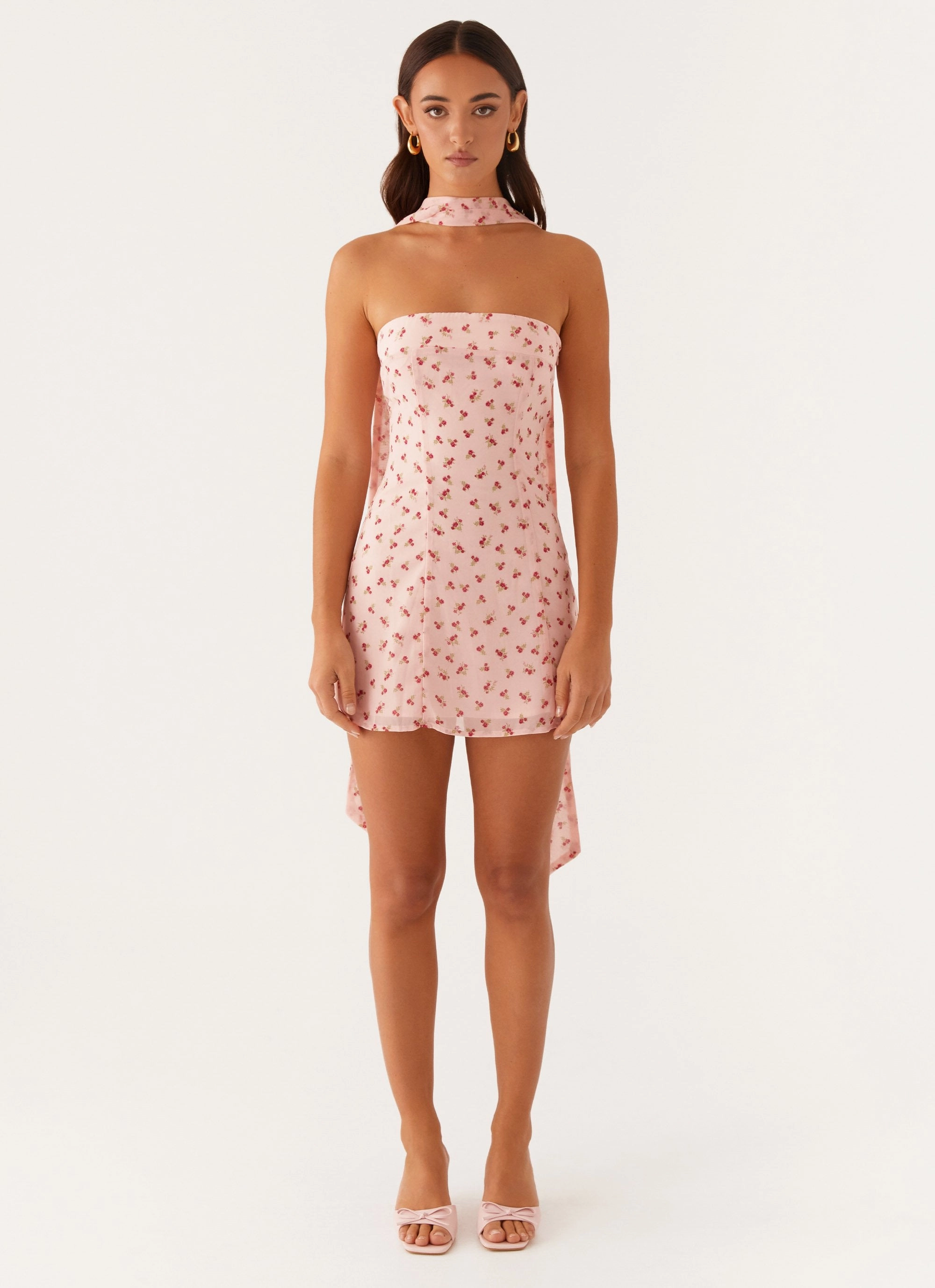 Kiesha Strapless Scarf Mini Dress - Pink Flower Flutter-Sleeve