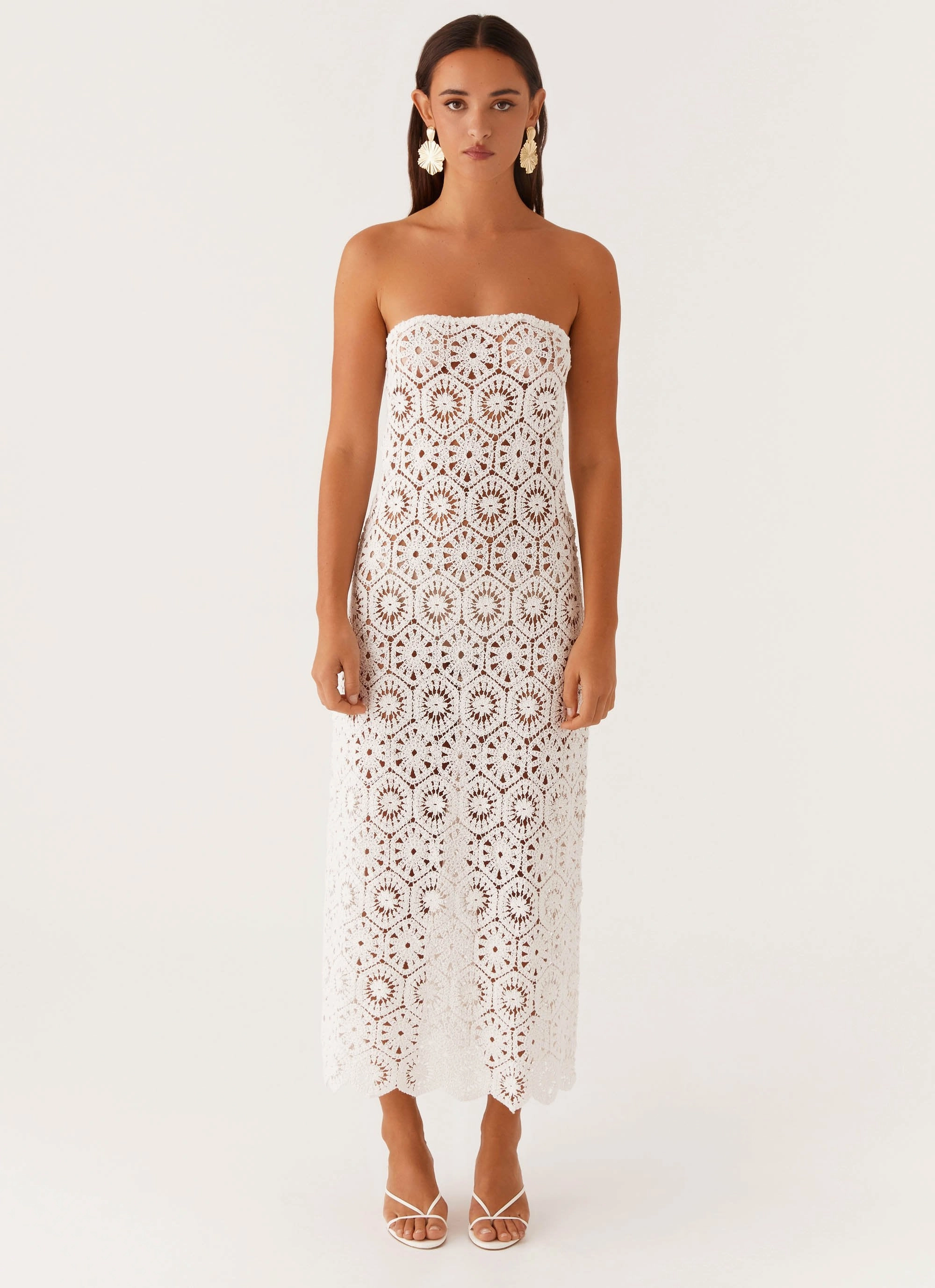 Kingsly Crochet Maxi Dress - White Flowing Texture