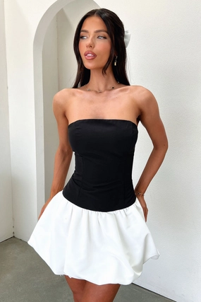 Kloe Bubble Skirt Strapless Mini Dress - White/Black Trendy Vibe