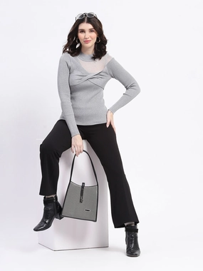 Madame Shimmery Mock Neck Wrap Grey Sweater Sleek Design