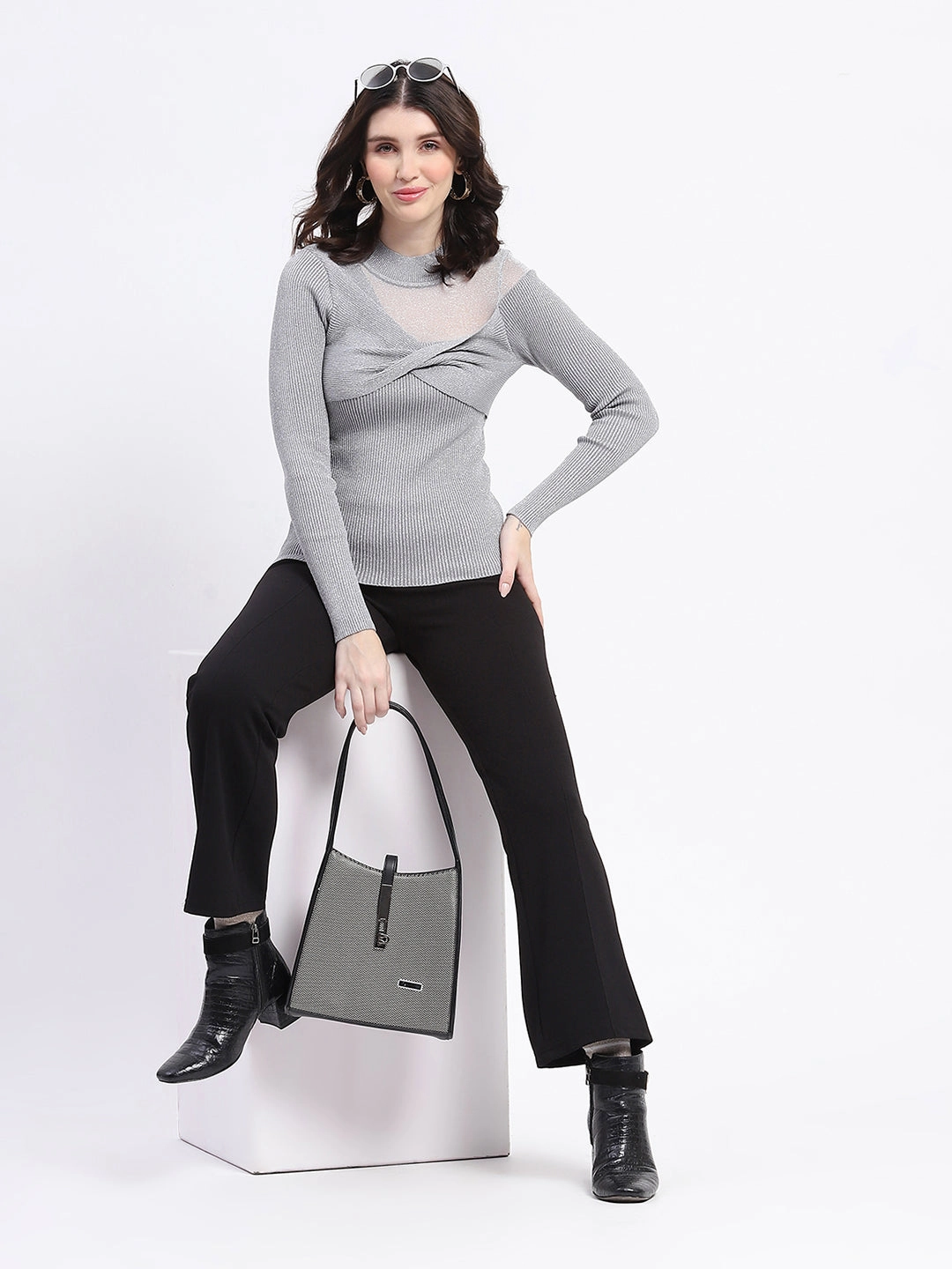 Madame Shimmery Mock Neck Wrap Grey Sweater Sleek Design