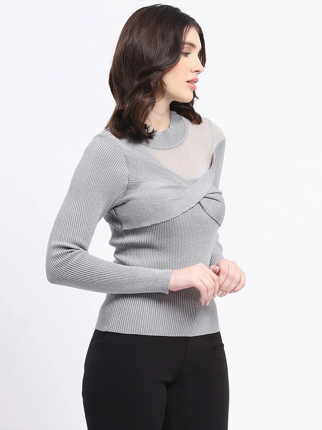 Sleek Layers Comfort Fit Madame Shimmery Mock Neck Wrap Grey Sweater