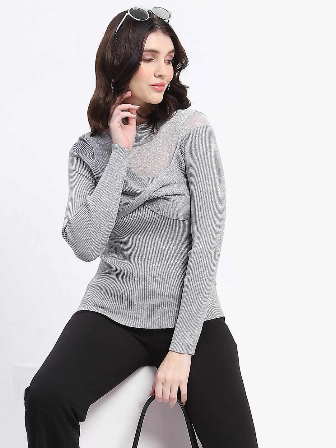 Madame Shimmery Mock Neck Wrap Grey Sweater Cozy Basics