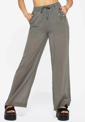 Metallic accents Polyester fabric Koax Cotton Check Embroidered Beach Trouser