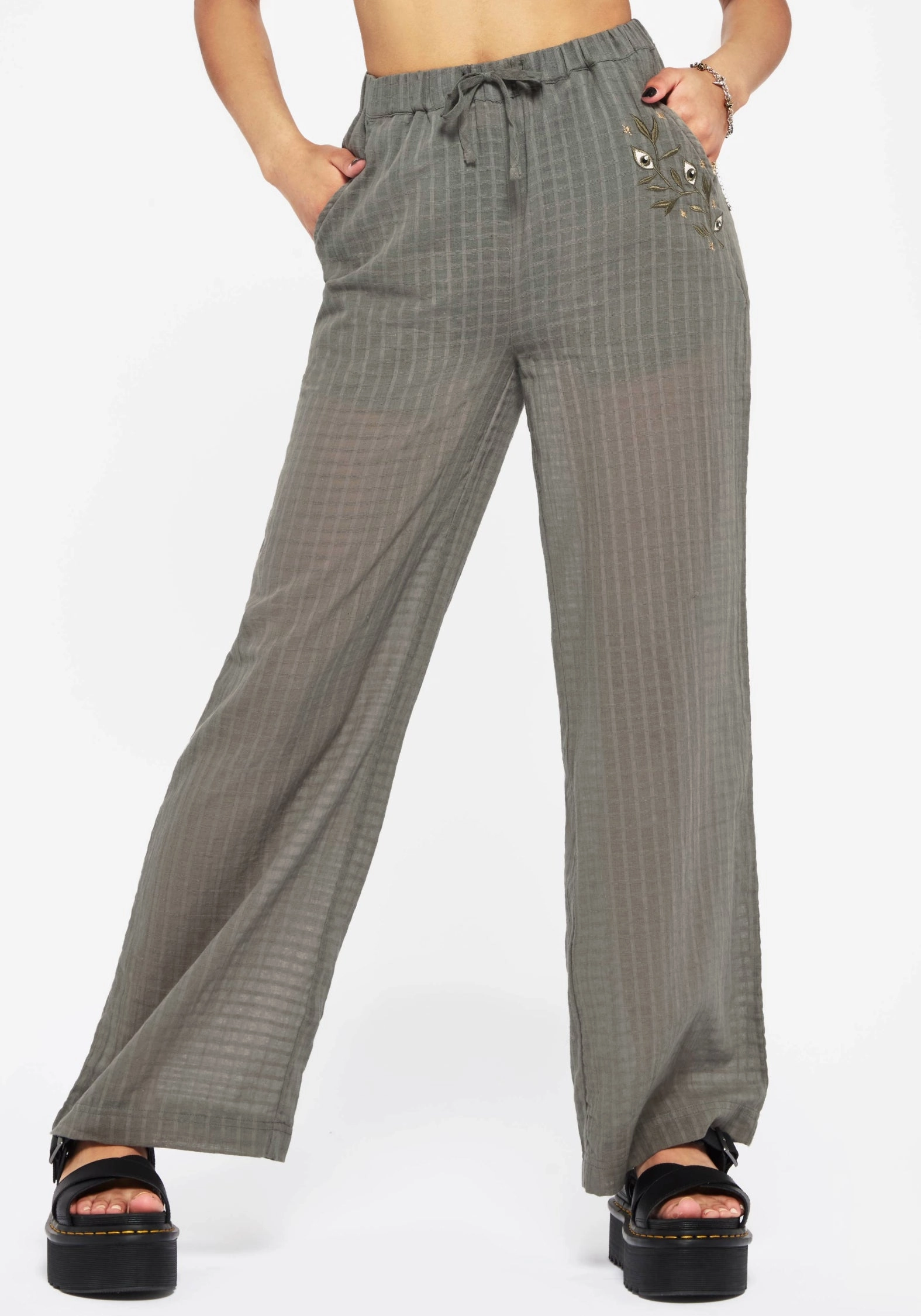 Metallic accents Polyester fabric Koax Cotton Check Embroidered Beach Trouser