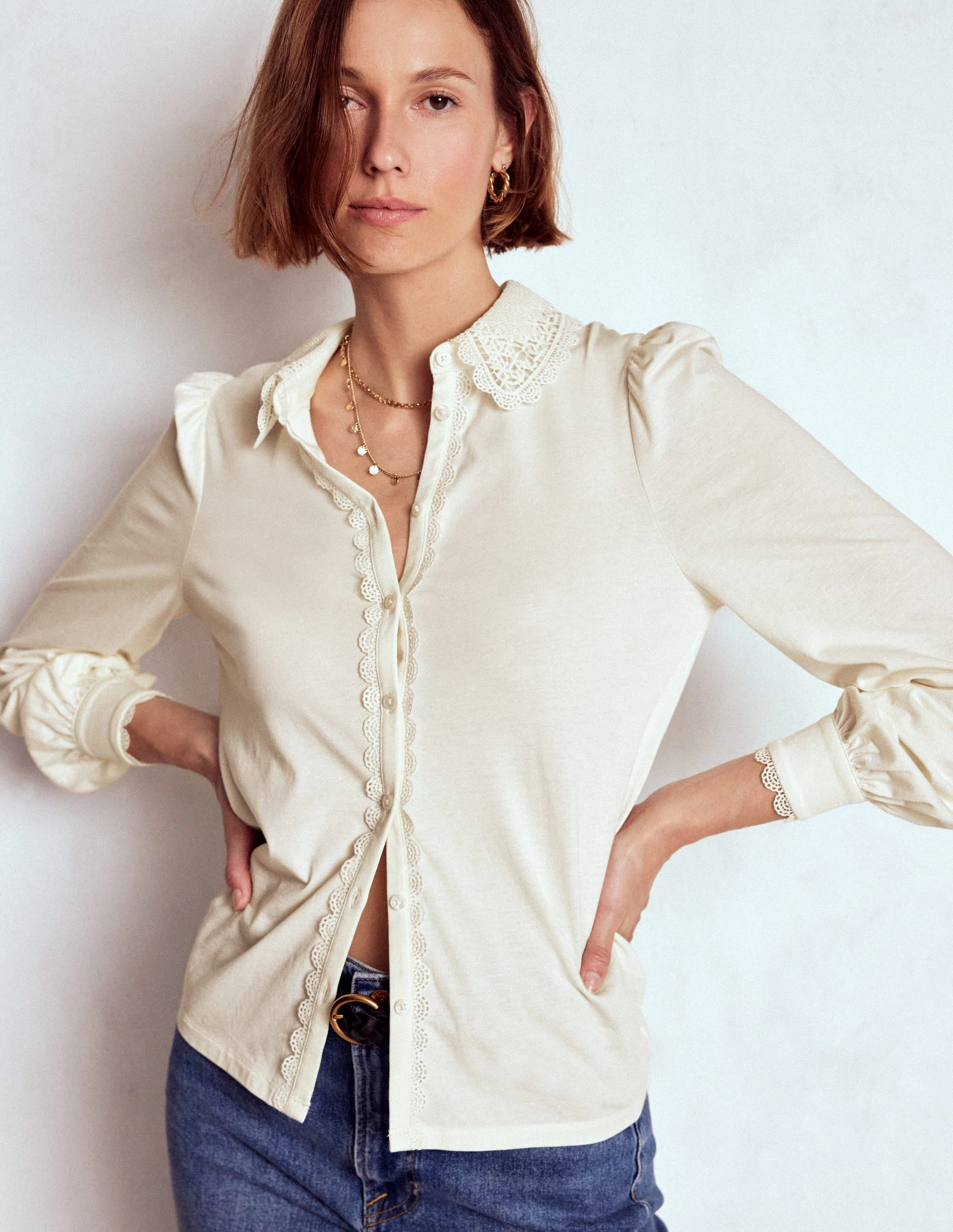 SolarReflectiveFinish Flexible Waistband Lace Collar Blouse-Ivory
