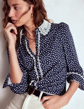 Lace Collar Blouse-Navy Sleeveless Tee Stretchable Material