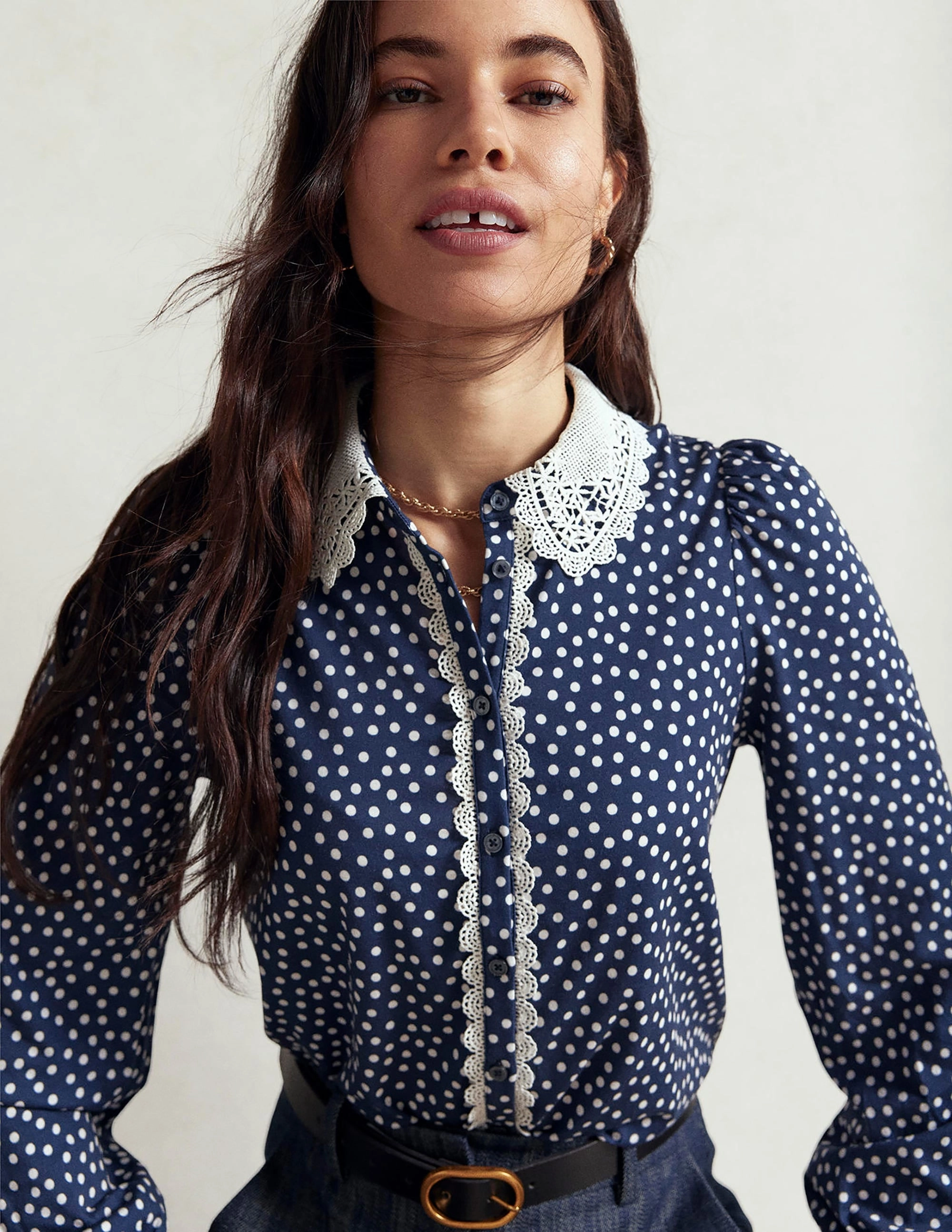 Lace Collar Blouse-Navy Placket Detailing