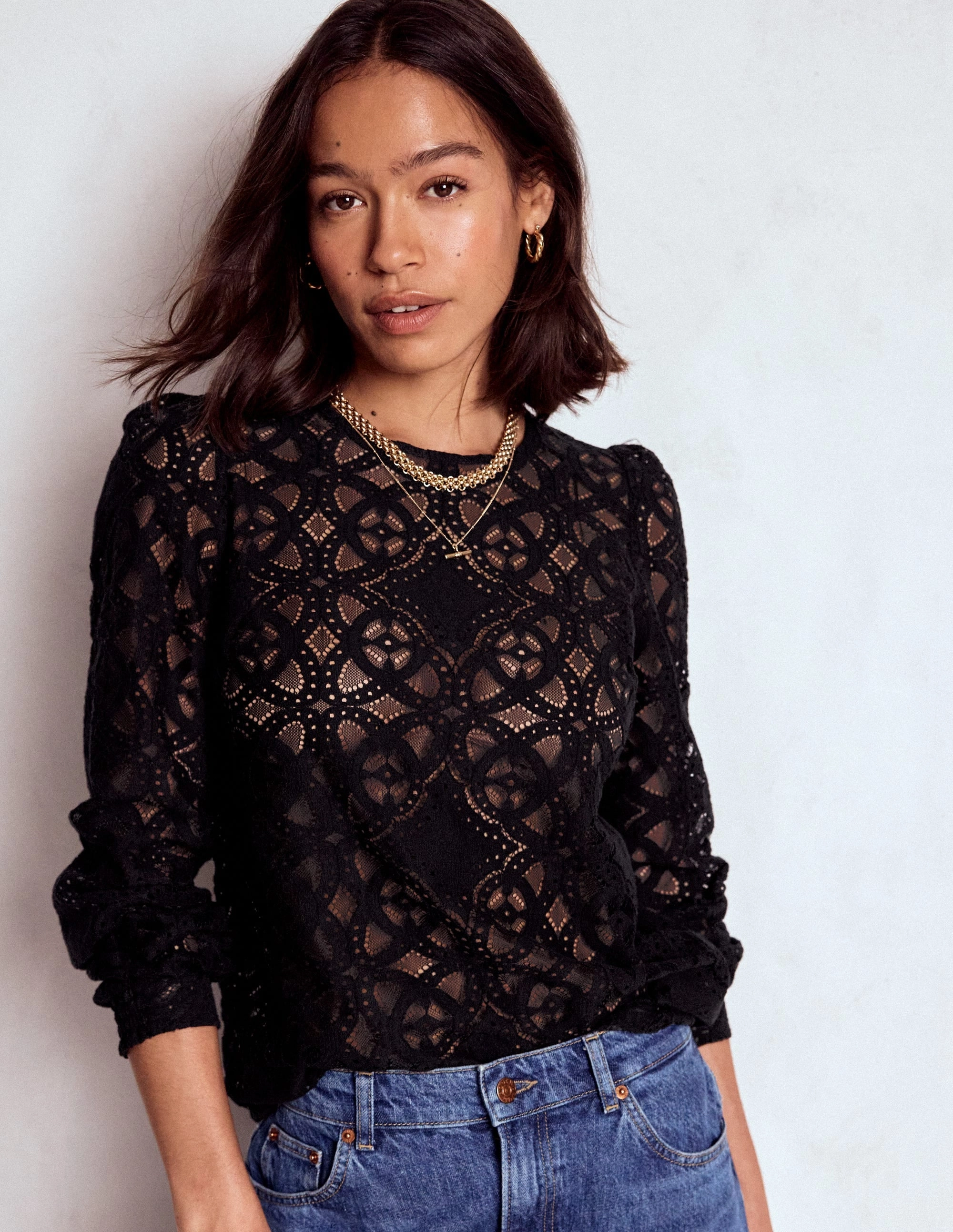 Lace Crew Neck Top-Black Drop Shoulder Silhouette Breathable Mesh Back