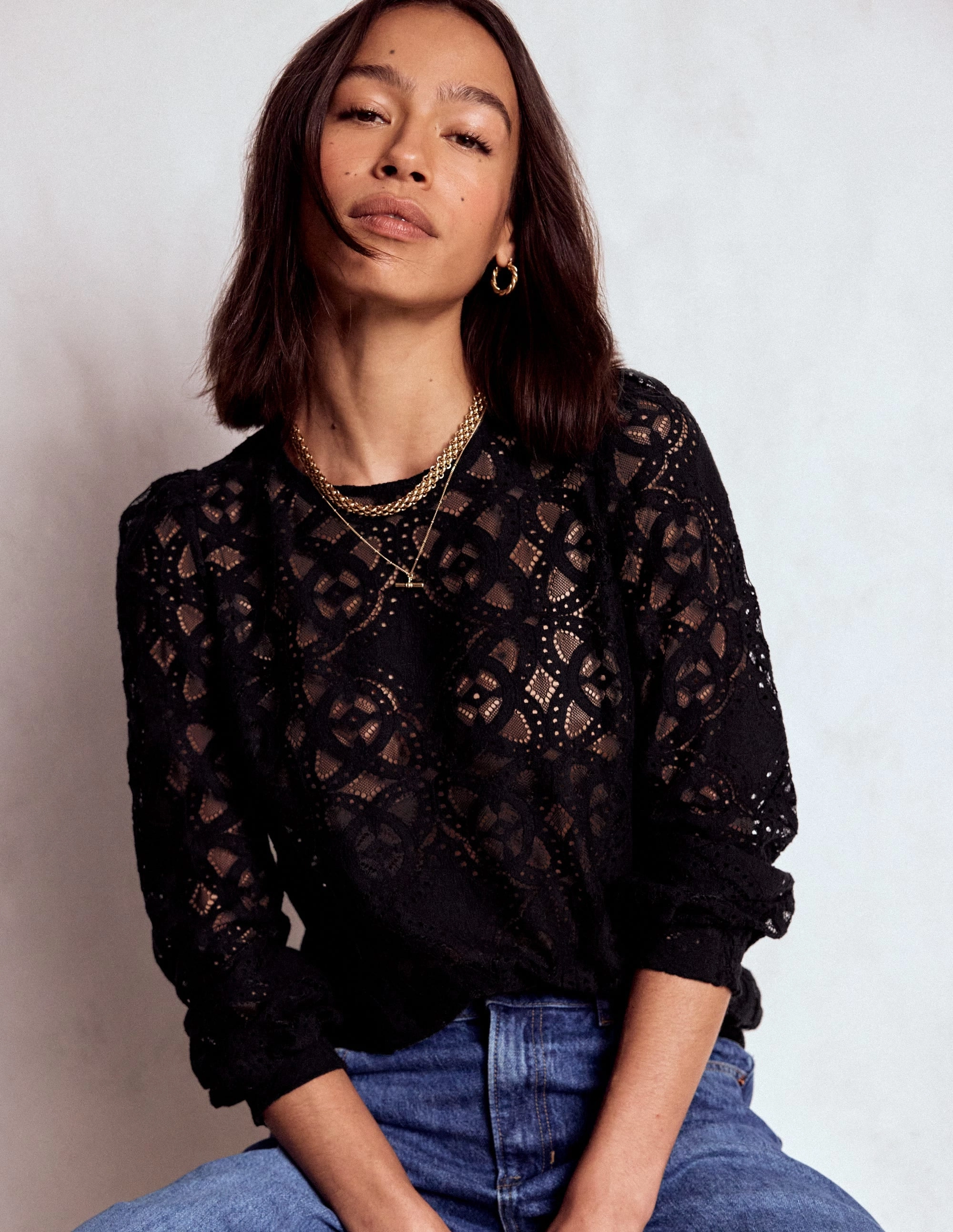 Formal Blouse Lace Crew Neck Top-Black