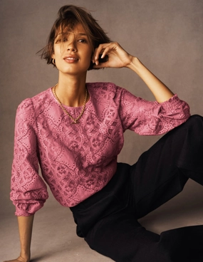 AntiPillingTechnology Lace Crew Neck Top-Heather Rose