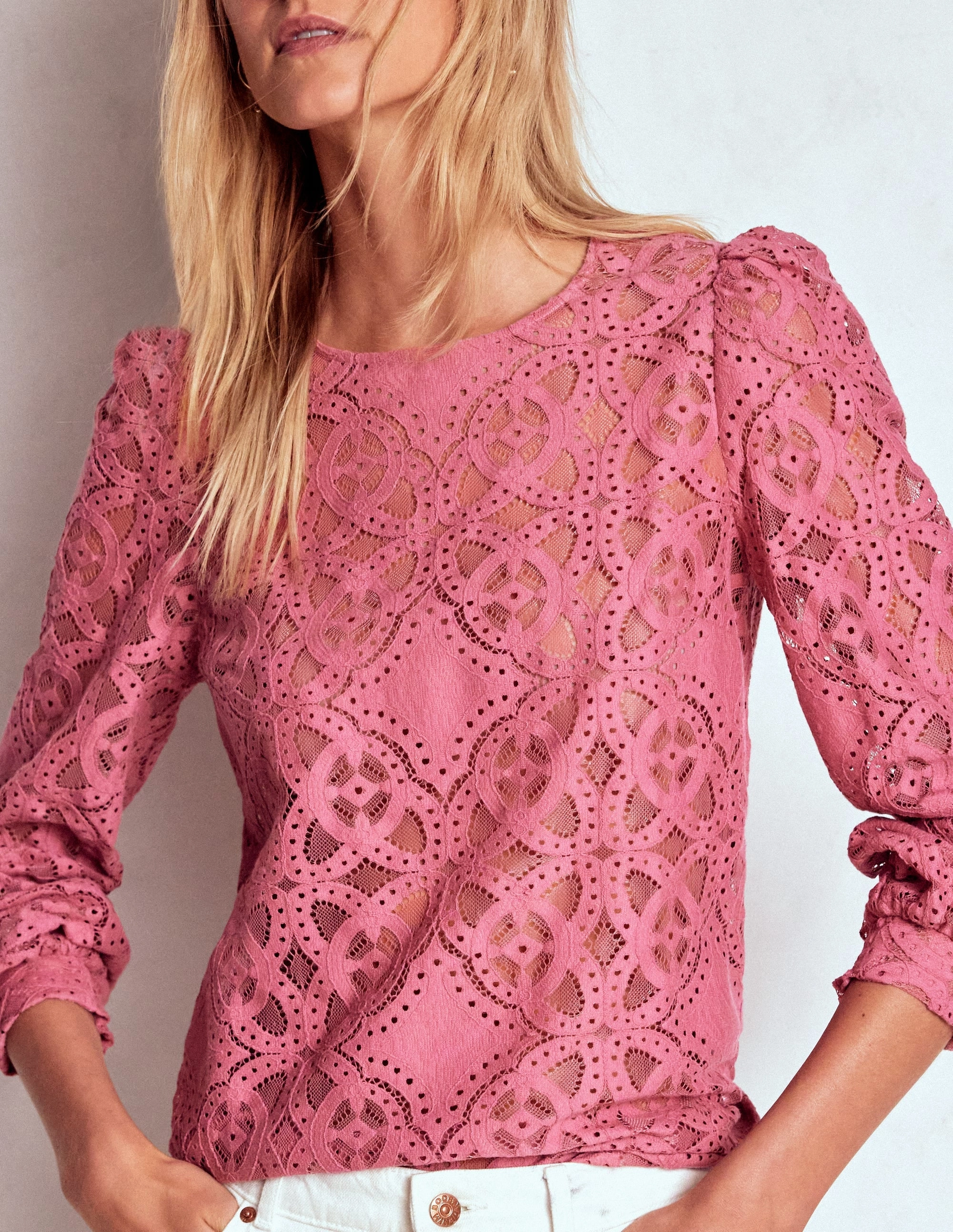 Lace Crew Neck Top-Heather Rose Breathable Lining