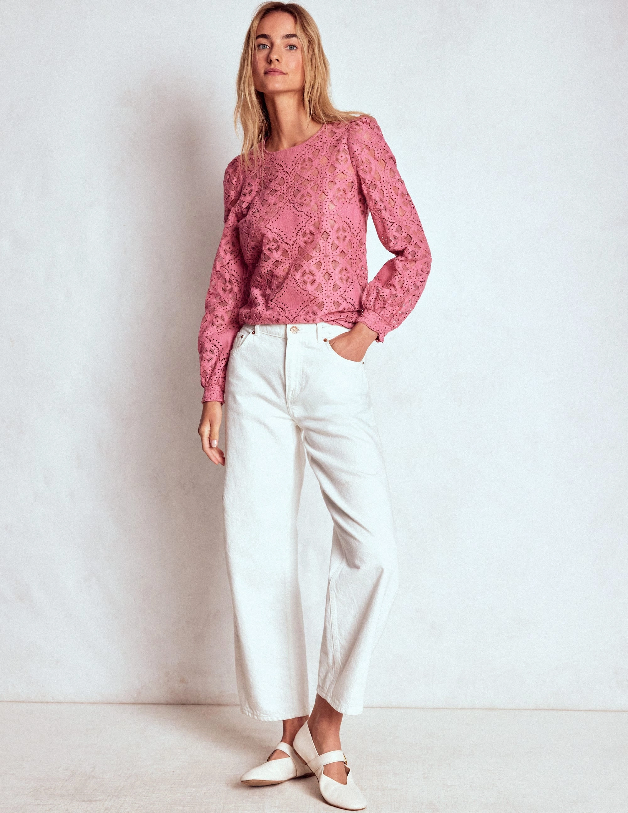 Lace Crew Neck Top-Heather Rose Compact Weave Fabric