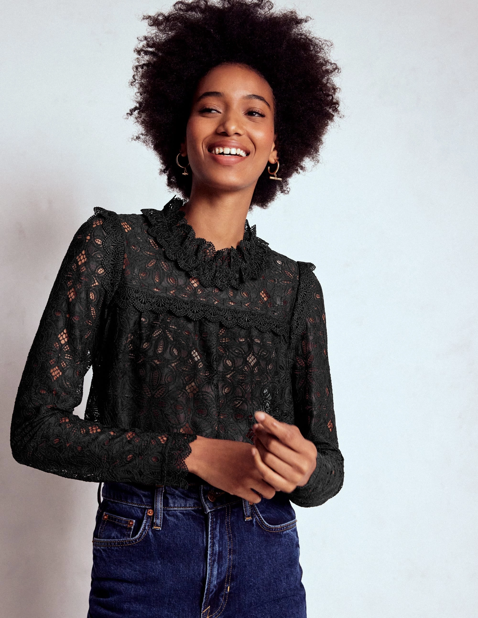 Lace Trim Detail Top-Black Double Faced Jersey Knit