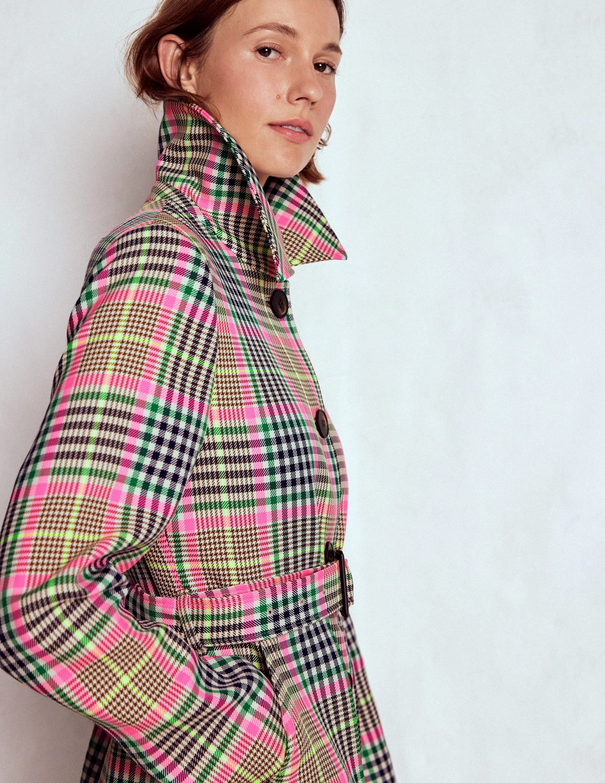 Anti Pill Fabric Tech Lancaster Belted Mac-Brown, Neon Pink Check