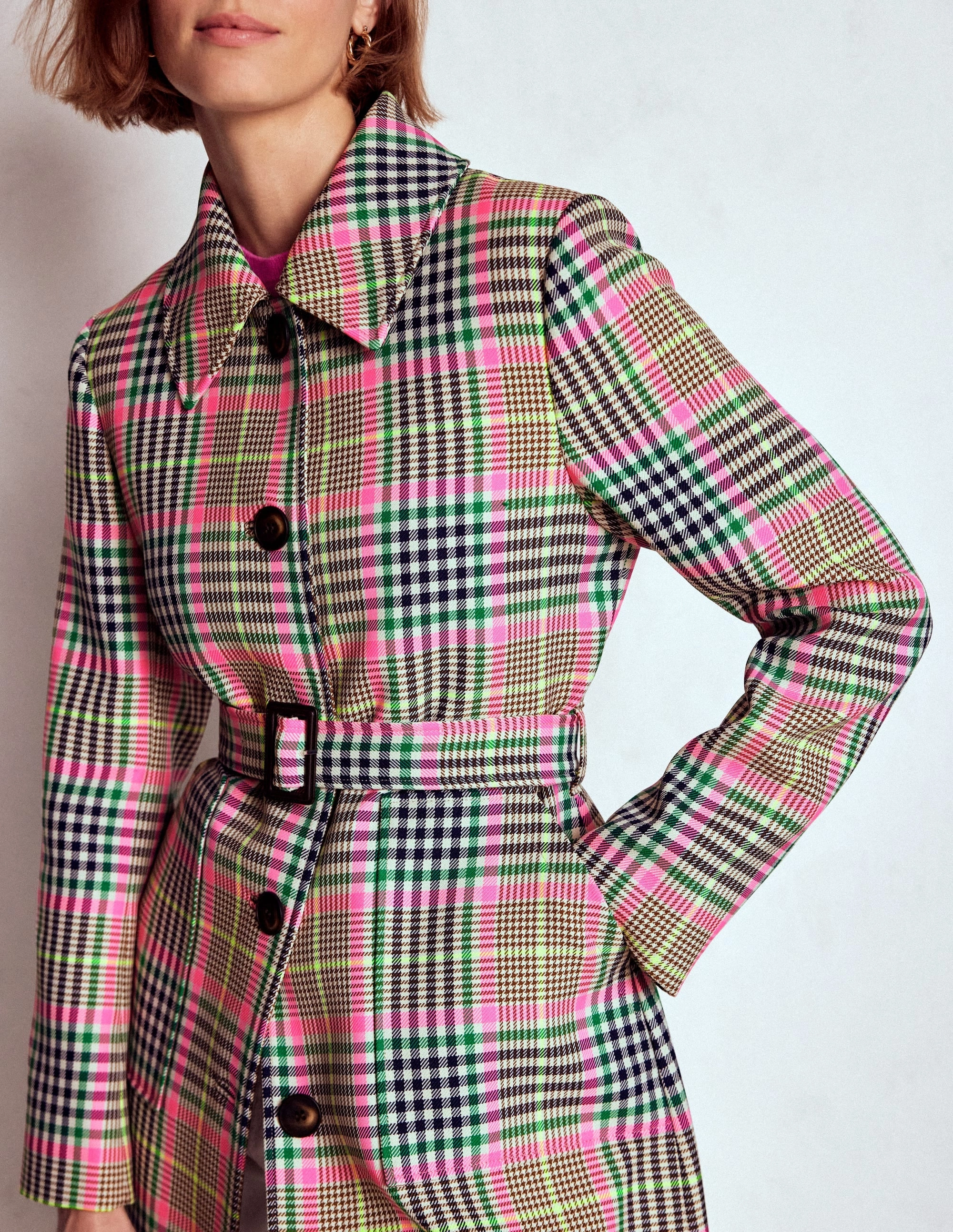 Airtight Fasteners Lancaster Belted Mac-Brown, Neon Pink Check