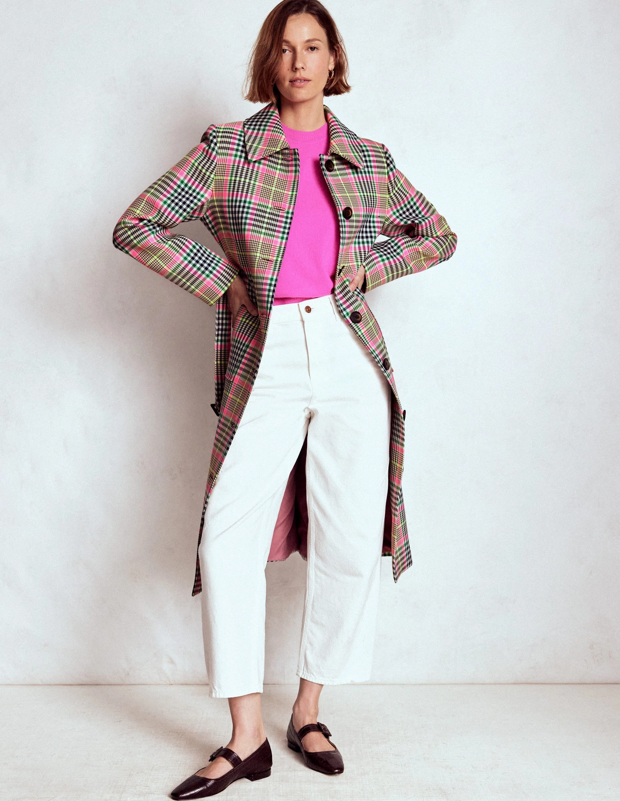 Lancaster Belted Mac-Brown, Neon Pink Check Taped Neckline