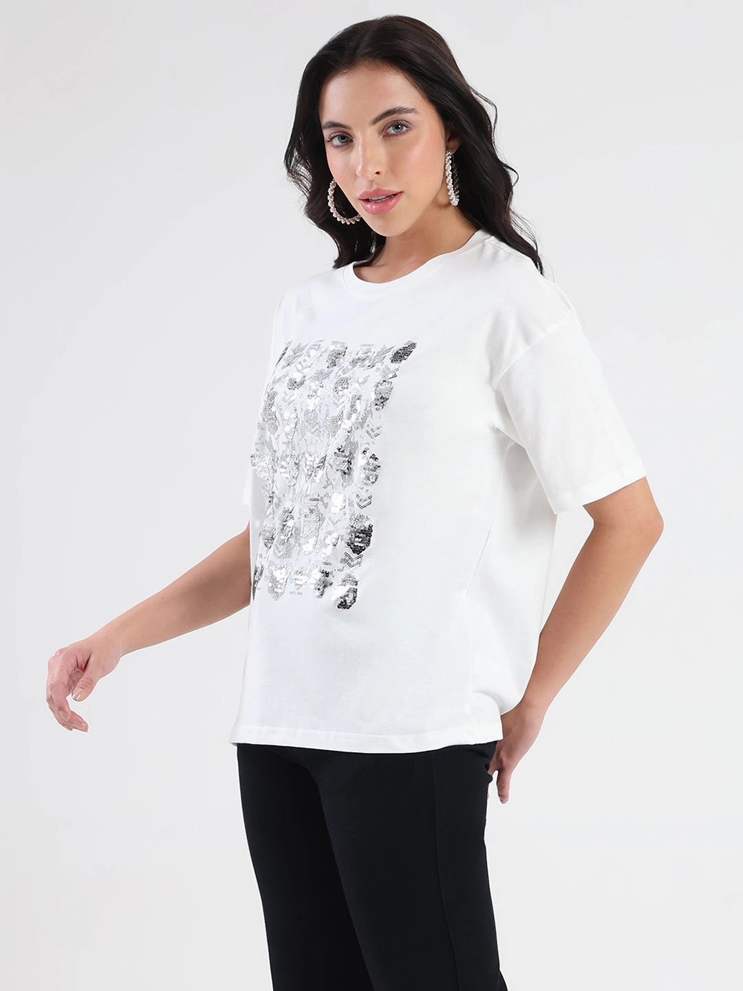 Madame Front Embellished Solid White Cotton T-shirt Smart Design Comfy All-Day