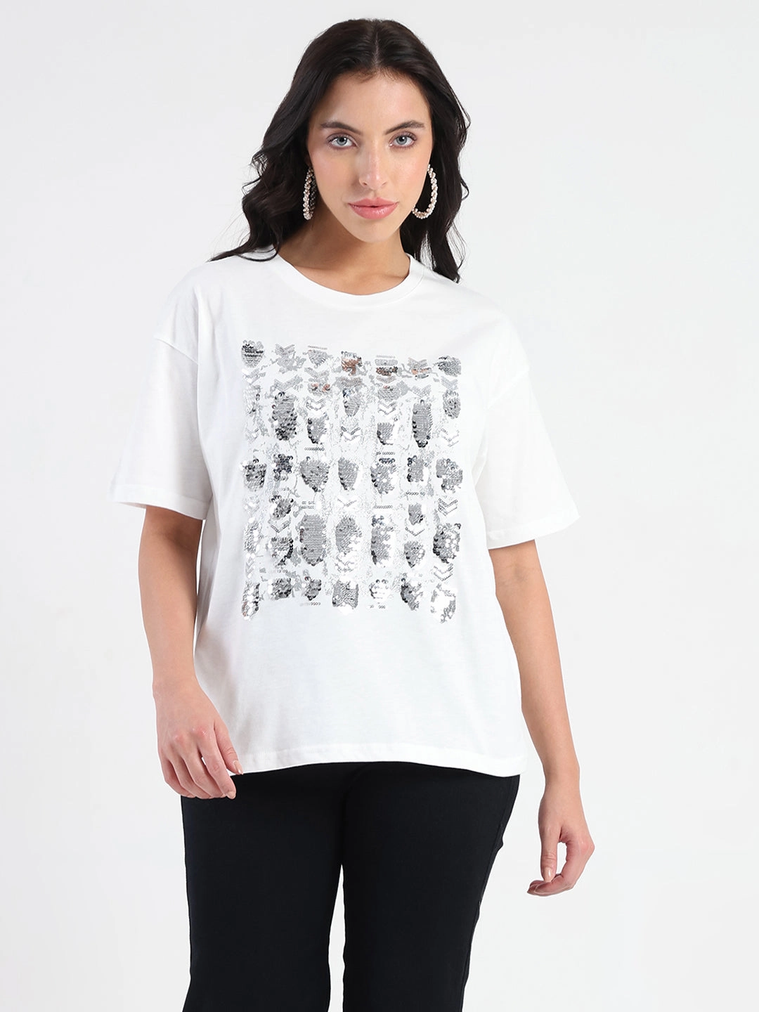 Effortless Comfort Design Multi Purpose Wear Madame Front Embellished Solid White Cotton T-shirt
