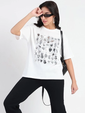 Perfect for Workouts Sweat Absorbent Madame Front Embellished Solid White Cotton T-shirt