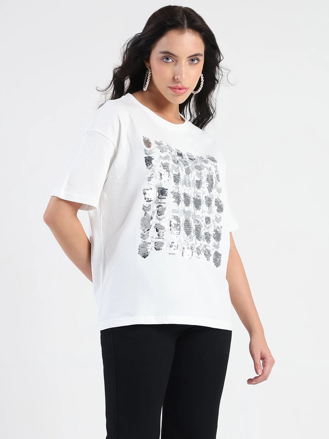 Madame Front Embellished Solid White Cotton T-shirt EnhancedDurabilityFinish