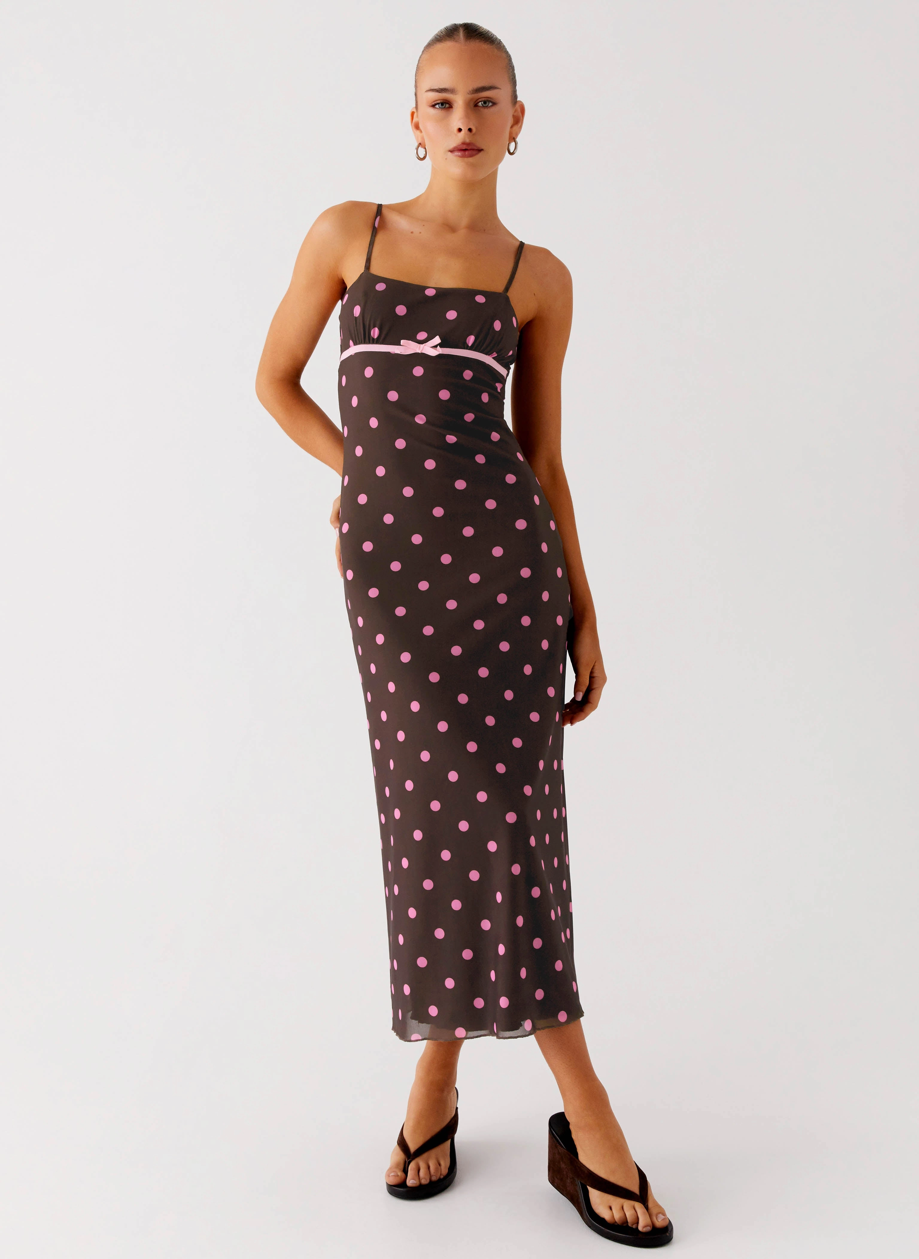 Chic Silhouette Latto Midi Dress - Chocolate Strawberry Dot