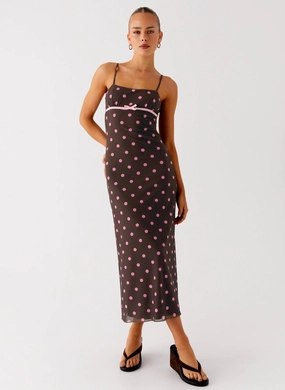 Chic Silhouette Latto Midi Dress - Chocolate Strawberry Dot