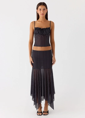 Frayed Finish Mall Brand Look Buffy Maxi Skirt - Black Polkadot