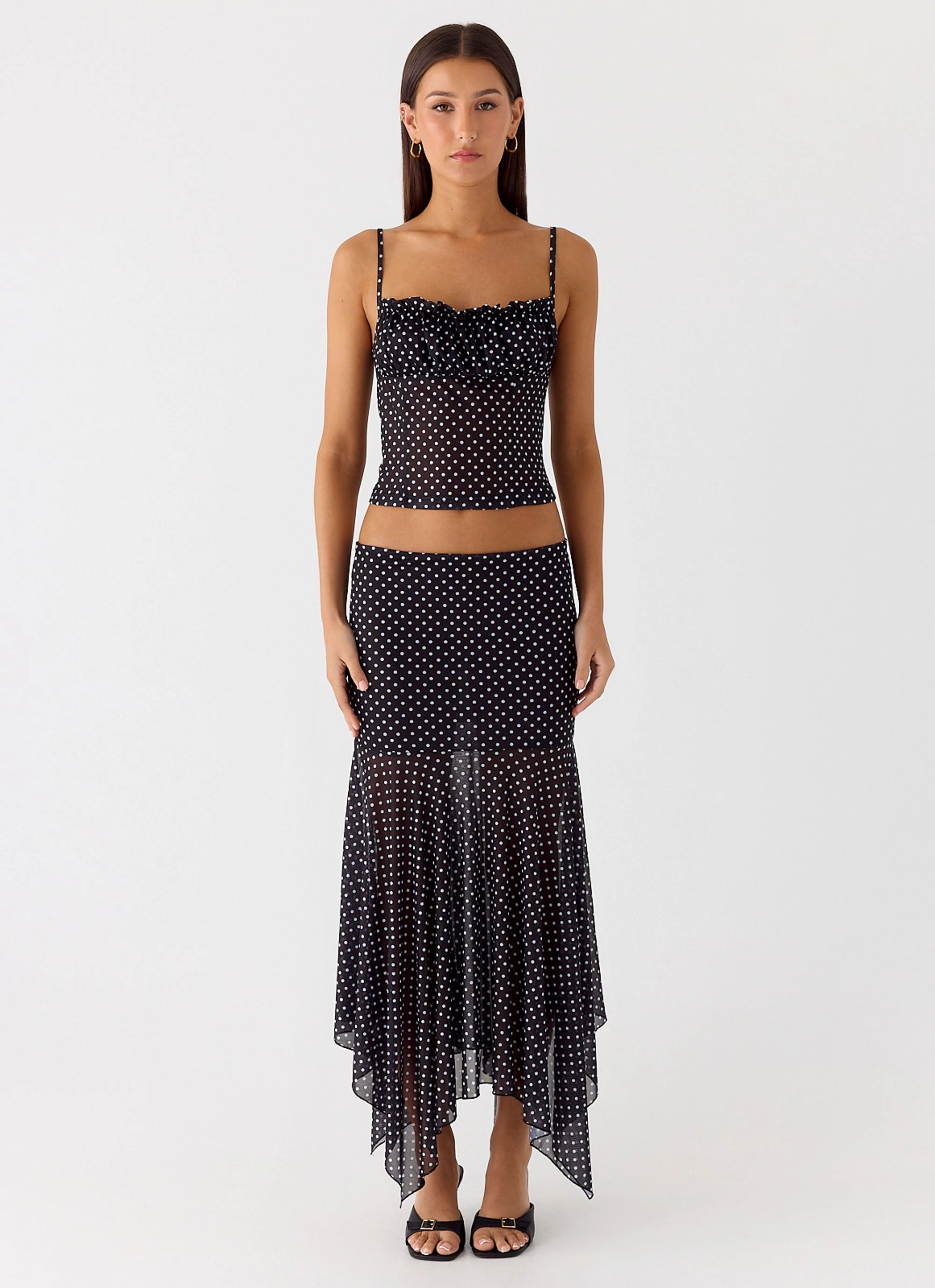 Frayed Finish Mall Brand Look Buffy Maxi Skirt - Black Polkadot