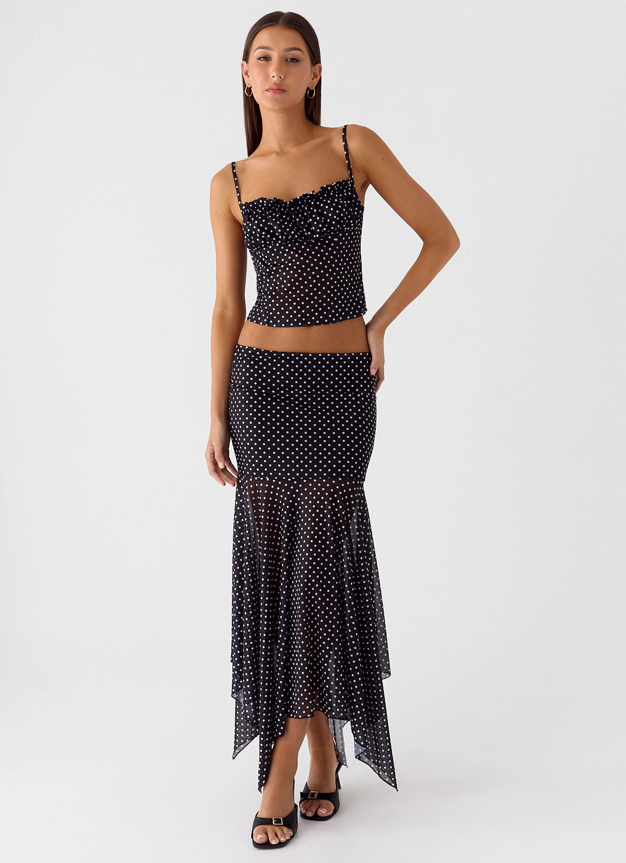 Fitted Cut Buffy Maxi Skirt - Black Polkadot