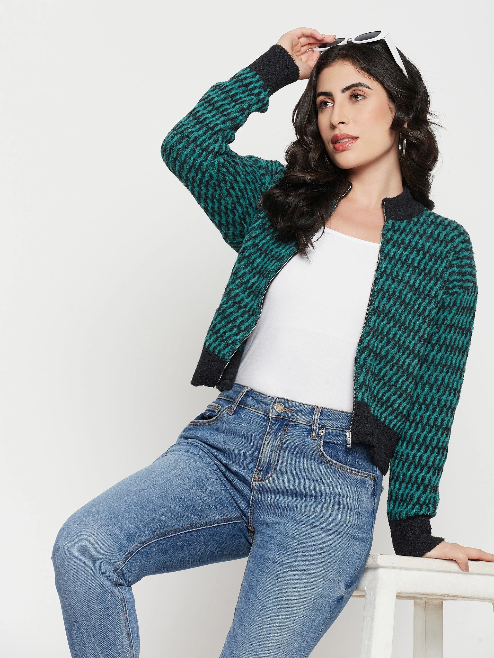 Madame Printed Emerald Green Sweater Tagless Neck Finish Active Layer