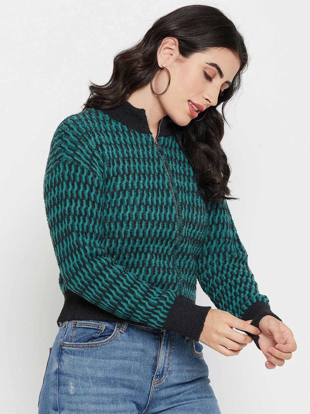 Anti Snag Threadwork Relaxed Vibe Madame Printed Emerald Green Sweater