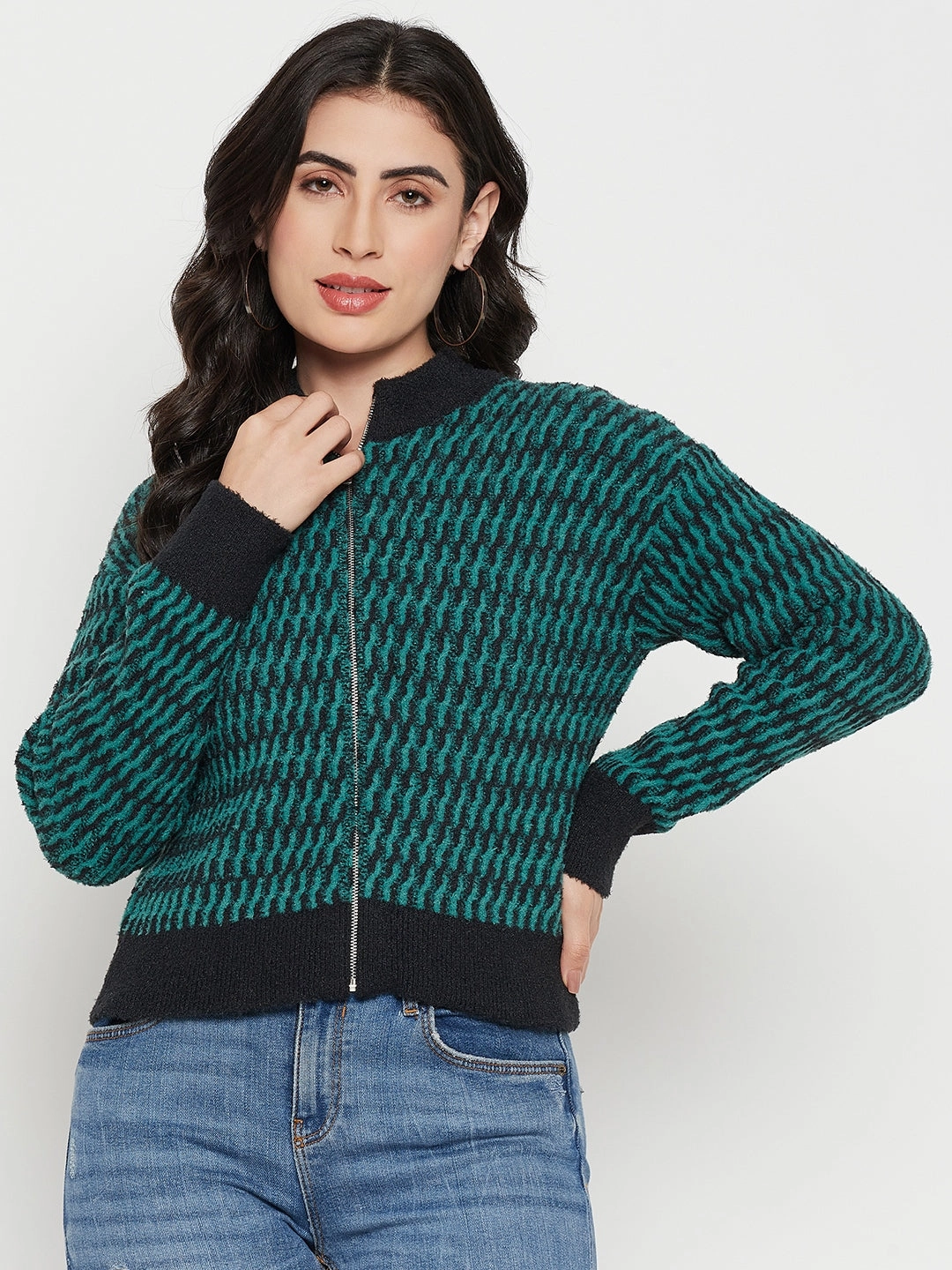 Madame Printed Emerald Green Sweater Comfy Wear Fit