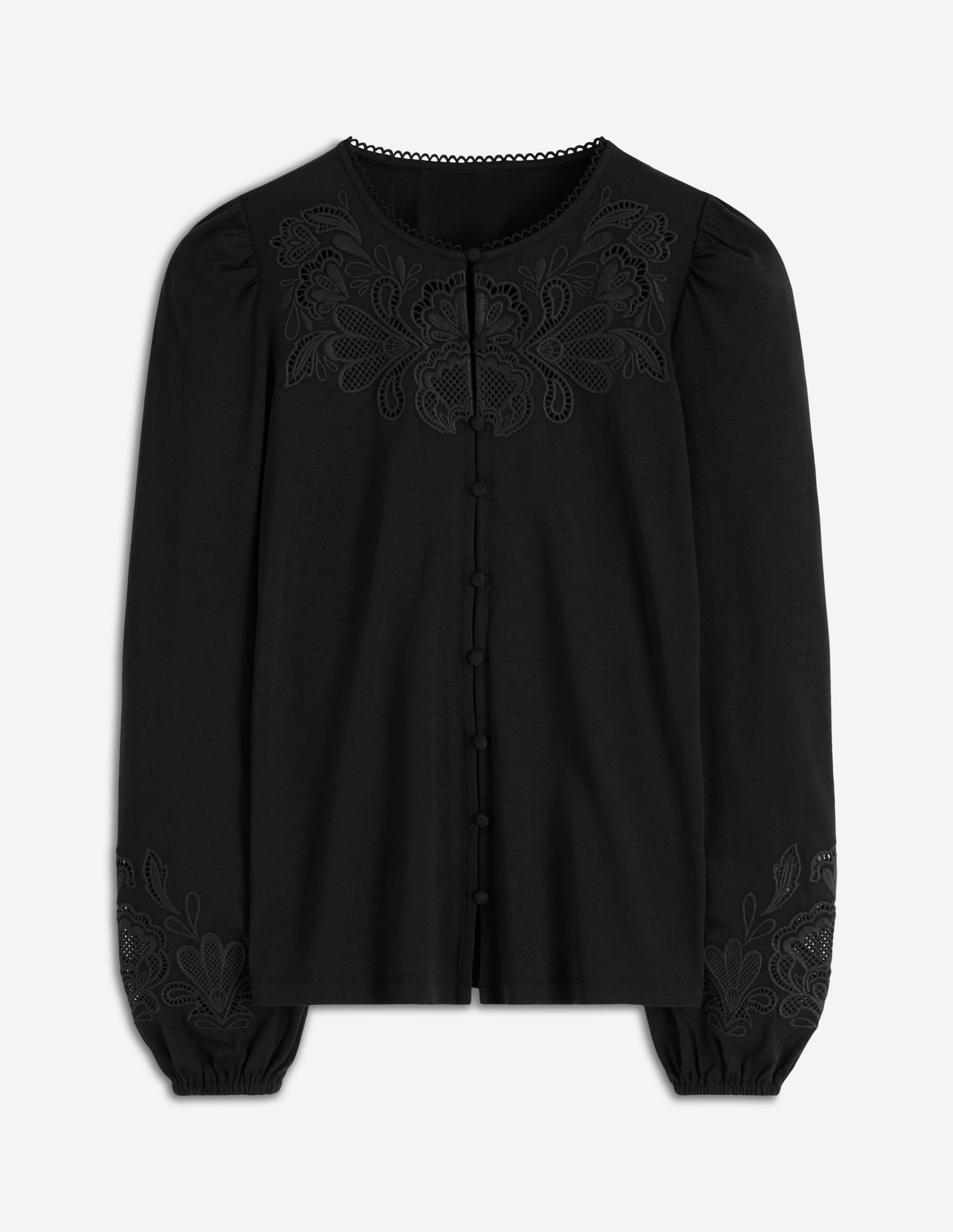Cutwork Detail Jersey Top-Black Sheer Overlay Material Compression Fit Engineering