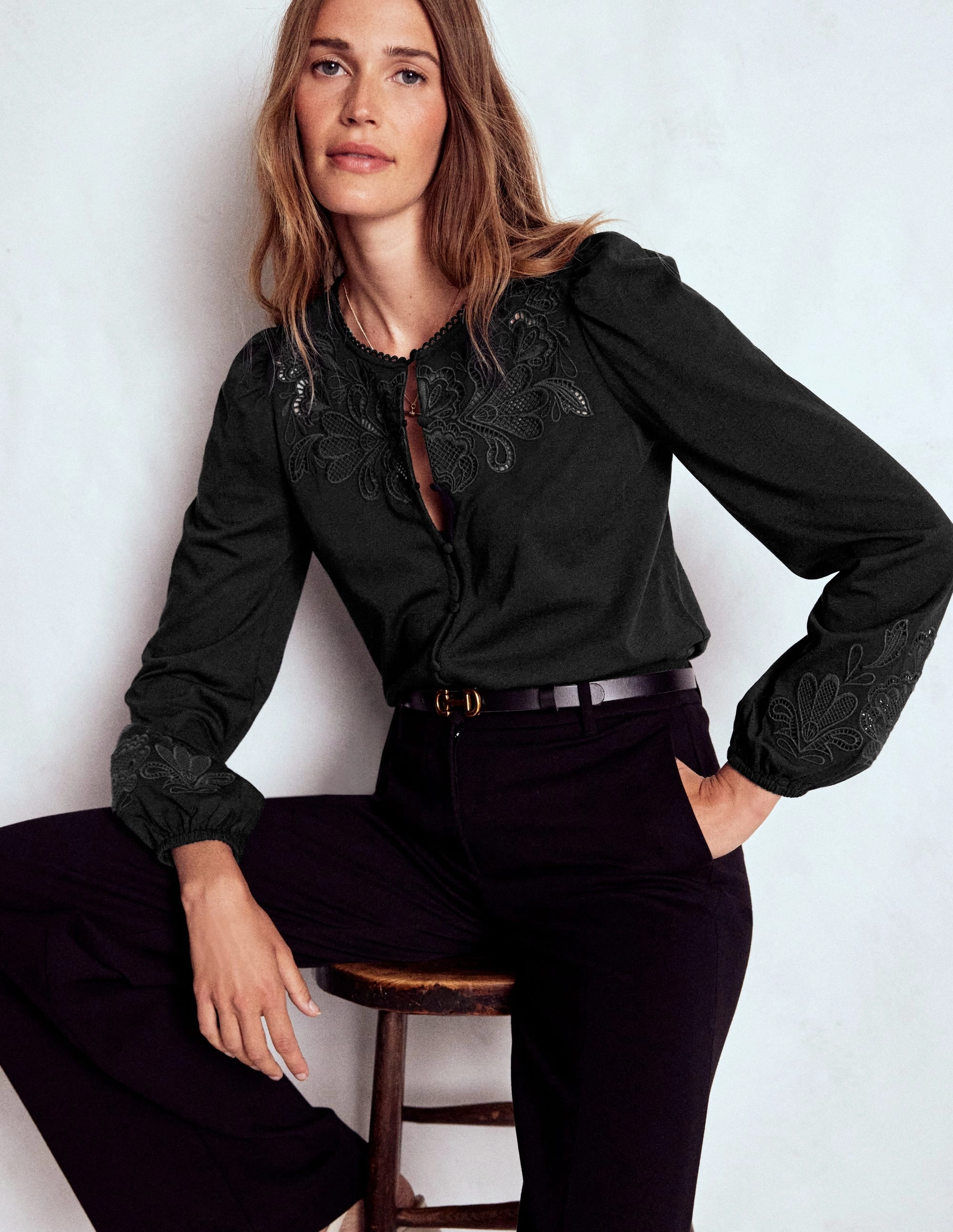 Cutwork Detail Jersey Top-Black Breathable mesh TumbleDryFriendlyMaterial