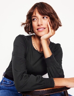 Smocked Cuff Supersoft Top-Black casual top Reinforced Shoulder