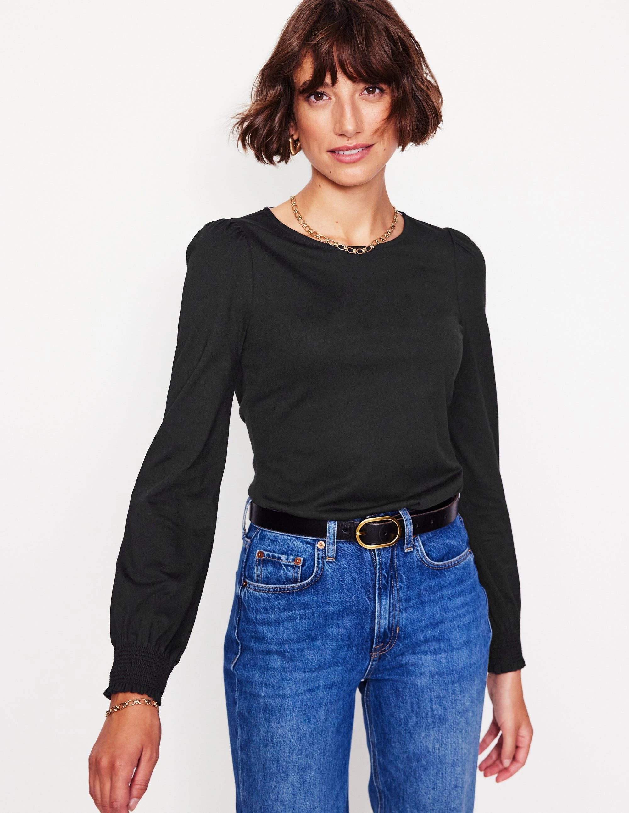 Recycled Polyester Smocked Cuff Supersoft Top-Black