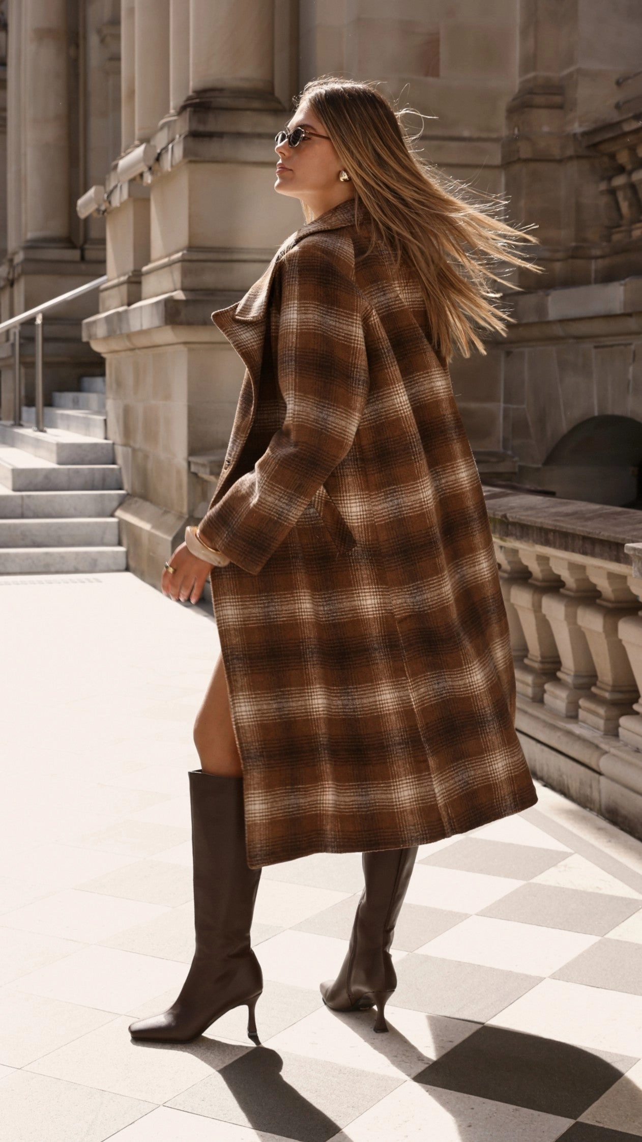 Plaid Design Haruna Coat - Brown / Beige Plaid Print