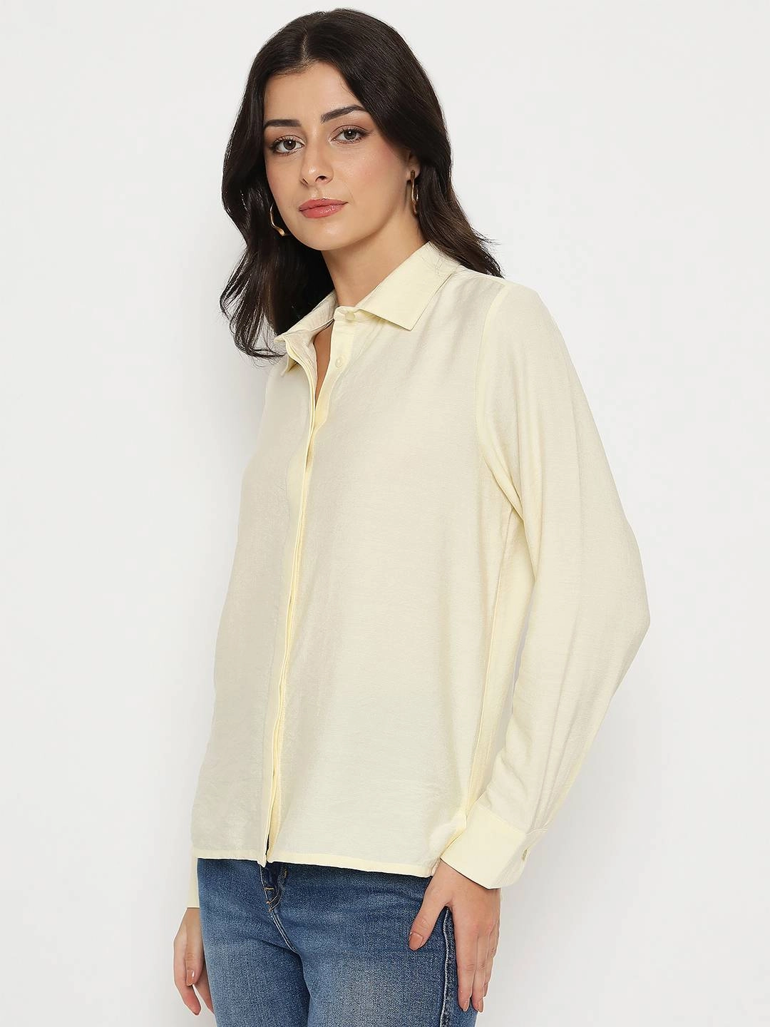 Madame Textured Solid Cream Rayon Blend Shirt Relaxed Style Winter Fashion